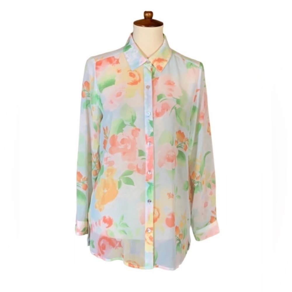 J Jill floral pastel sheer long sleeve button down blouse
